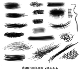 Set of digitally hand drawn black and white semitransparent paint strokes