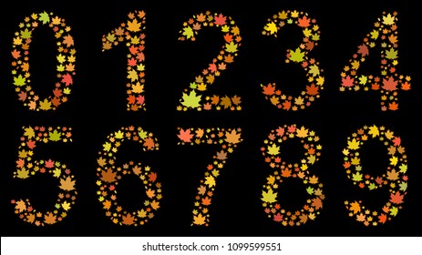 Set of digits from 0 to 9, consisting of yellow autumn leaves on black background