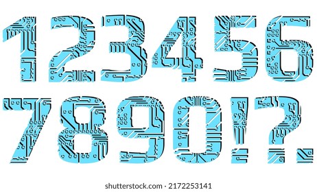 Satz Ziffern im digitalen Stil, perforiert mit Leiterplatten-Leiterbahnen einzeln auf weißem Hintergrund. Farbige Ziffern für moderne digitale Welt. Vectordesign-Element.