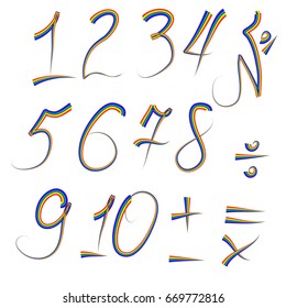 A set of digits from one to ten written in an iridescent outline, plus, minus, divide, multiply, equals