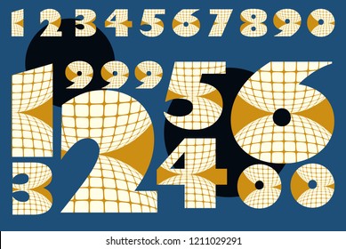 set of digits symbols with grid hemisphere pattern in gold ivory shades