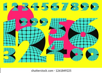 set of digits symbols with grid hemisphere pattern in pop blue black shades