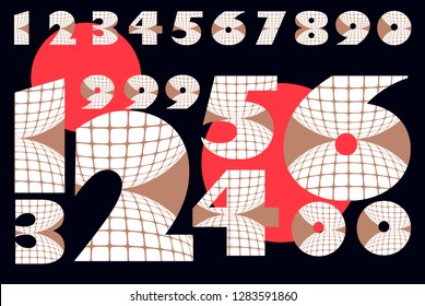 set of digits symbols with grid hemisphere pattern in copper white shades