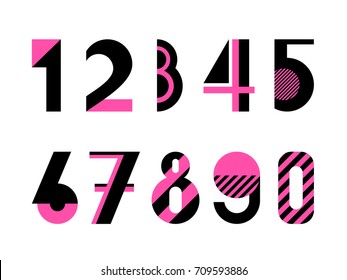 Set of digits. Trendy geometric font. Abstract alphabet in memphis style. Type letters 80s - 90s style. Numbers isolated on a white background.