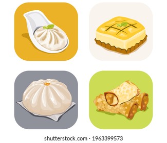 Set of dim sum, steamed dumpling, custards sponge cake, spring rolls and steamed bun. Authentic vector asian food illustration on white background.   