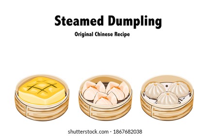 set of dim sum, steamed dumplings and spong cake on white background with text. realistic clos up vector illustration. 