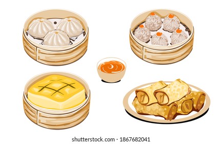 Set aus dimmer Summe, gedünsteten Knödel und gebratenen Frühlingsrollen auf weißem Hintergrund. realistische Nahaufnahme, Vektorgrafik. 