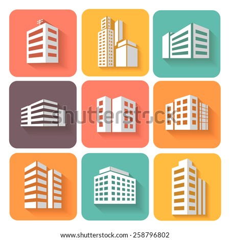 Set of dimensional buildings  colored icons in white with shadow depicting high-rise commercial buildings  office blocks and residential apartments 