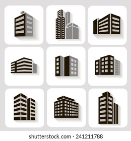 Set of dimensional buildings icons in grey and white with shadow depicting high-rise commercial buildings  office blocks and residential apartments