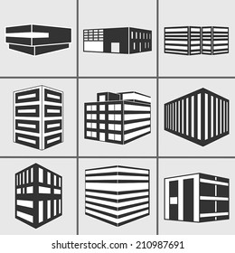 Set Of Dimensional Buildings Icons Silhouette In Grey And Black With Depicting High-rise Commercial Office Blocks And Residential Apartments. Vector Web Sticker 3d Symbol Isolated On White Background.