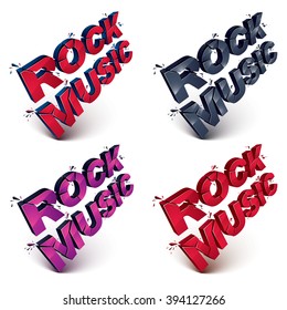 Set of dimensional shattered vector rock music word, contemporary musical style design elements in explosion effect. 3d wrecked letters in different colors.