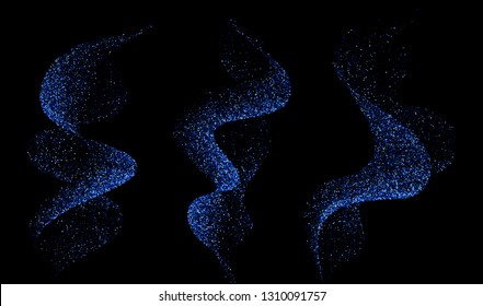Set of dinamic blue waves smoke, mist and atomizing with sparkling particles. Effect of spray and fog