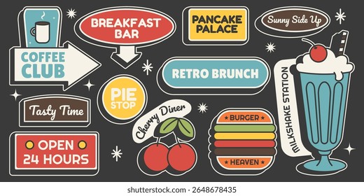 Set diner signs coffee, brunch, burger and dessert icons in retro Mid Century style. Stickers for food, cafe and restaurant design. Vector illustration on black background