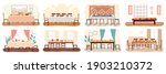 Set of dining room design flat vector. Dining table with food and chairs nearby. Furniture model for interior of a room for dinner eating and spending time. Arrangement of furniture at home for lunch