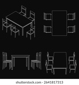 A set of dining table and chairs drawn with clean lines on a black background. The rectangular table is surrounded by symmetrically arranged chairs, showcasing detailed curves and structured design.