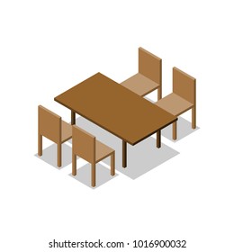Set of Dining Wooden Furniture, Four Chairs with Table. Isometric Drawing Vector.