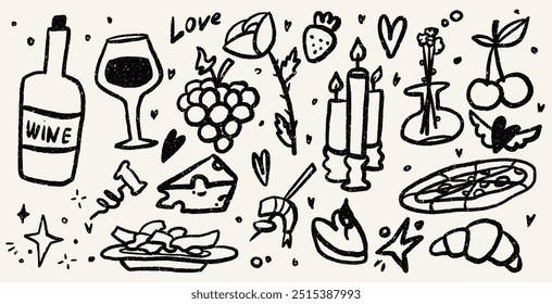 Set of dinner elements. Doodle vector illustrations of food and wine. Trendy scribble punk texture. Italian lunch icons. Party or romantic day collection. Cheese and flowers. 