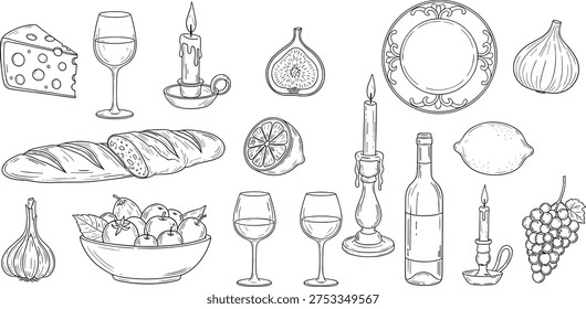 Set of dinner food and wine line art icons with cad drawing flat vector illustration, featuring cheese, bread, and fruit.