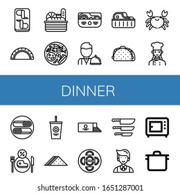 Set of dinner icons. Such as Chicken wings, Cheburek, Bread, Thai food, Salad, Waiter, Steak, Taco, Crab, Chef, Shawarma, Restaurant, Soda, Sandwich, Loaf, Dumpling , dinner icons