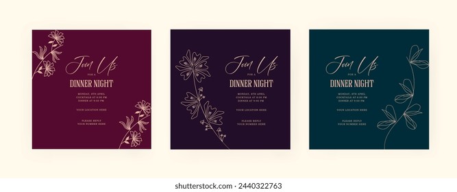 Conjunto de plantilla de poste de invitación de cena con lujo. floral. oro. Ilustración vectorial EPS