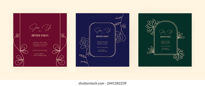 Conjunto de plantilla de poste de invitación de cena con lujo. floral. oro. Ilustración vectorial EPS