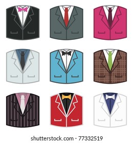 set of dinner jacket icons with shirts and ties, isolated on white