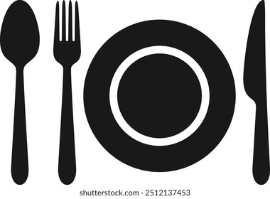 Set Dinnerservice-Symbol, Geschirr, Restaurant, Besteck-Symbole - Gabel, Messer, Löffel und Teller - Stock-Vektor
