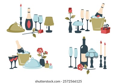 Set of dinner time with Restaurant serving elements. Romantic dinner. Holiday dinner. Romantic setting. Serving tray, bottle of wine, champagne, candles, lamp. Vector illustration