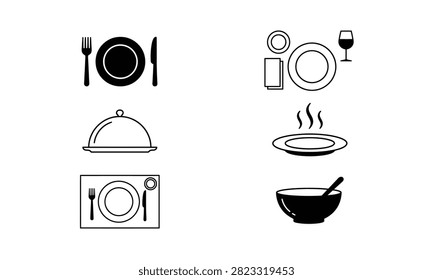 Set of dinnerware icons representing mealtime essentials including dining plates cutlery and beverage glassware items.