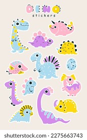 Set of Dino baby stickers. A collection of girly cute colorful dinosaurs in a simple childish drawn style. Isolated vector symbols with clipping path. Limited palette in pink colors