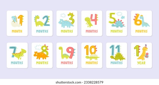 Set of dino cards with numbers for a newborn by months. Dinosaurs tag  monthly collection for babies.