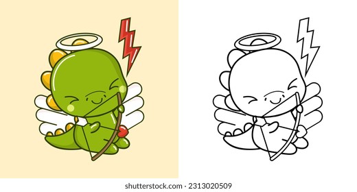 Set Dino Coloring Page and Colored Illustration. Clip Art Kawaii Dinosaur. Vector Illustration of a Kawaii Animal for Coloring Pages, Prints for Clothes, Stickers, Baby Shower.
