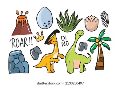 Set of dino doodles illustration. Funny cartoon dino collection. Hand drawn vector doodle set for kids. Black and white,