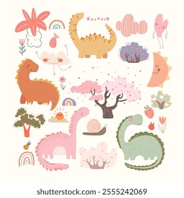 Set with dino , hand drawn plants, fruits, rainbows, love tree. Kids set with cute animal.