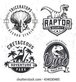 Set of Dino Logos. Raptor t-shirt illustration concept on grunge background. T-rex beer label design. Vintage Jurassic Period badge.