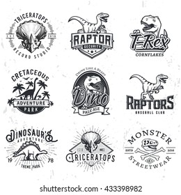 Set Of Dino Logos. T-rex Skull T-shirt Illustration Concept On Grunge Background. Raptors Sport Team Insignia Design. Vintage Jurassic Period Badge