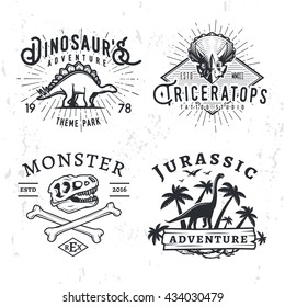 Set of Dino Logos. T-rex skull t-shirt illustration concept on grunge background. stegosaurus adventure park insignia design. Vintage Jurassic Period badge collection.