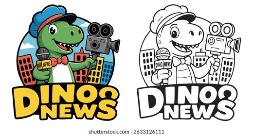 A Set of Dino News Coloring Pages - Cartoon Dinosaur Vector Art for Kids and Education