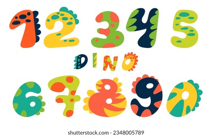 A set of Dino numbers on a white background in cartoon style. Bright modern illustration for children, children's room, poster, postcard, birthday, packaging paper design, children's T-shirts