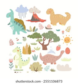 Set with  dino, plants, fruits, volcano, snails, rainbows,sun. Kids illustration, set with cute cartoon animals and nature. Vector illustration.

