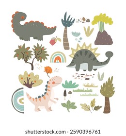 Set with dino and plants, hand drawn animals, plants, volcano, rainbows. Vector illustration.