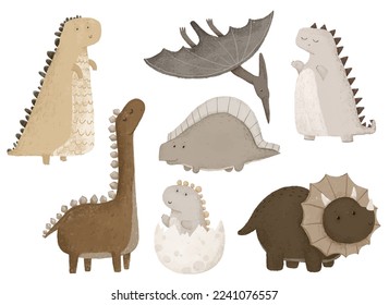 set of dino stickers, dino clipart, dinosaur in natural colours, boho design and print