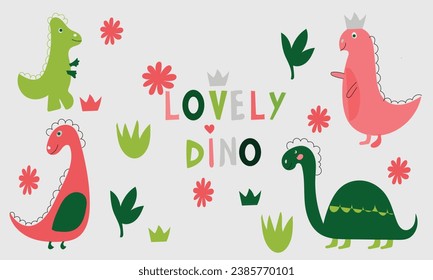 conjunto de dino vextor, adorable dino, princesa dino, decoración de dinosaurio, lindo dinosaurio, dibujos animados dino