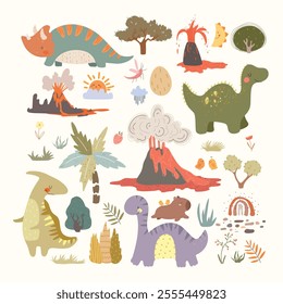 Set with dino world. Dinosaurs, volcano,plants, eggs, rainbows, capybara. Vector illustration with animal and plants.