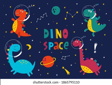 Set of dinosaur astronauts. Cute dinosaur cosmonaut. Vector hand-drawn color children's illustration. Baby print. Good for posters, textiles, t shirts.