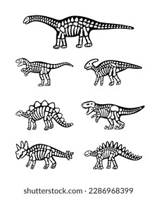 Set of dinosaur bones. Triceratops, Tyrannosaurus, Kentrosaurus, Brahiosaurus, Velociraptor, Stegosaurus, Parasaurolophus. Dinosaur bones with skull.