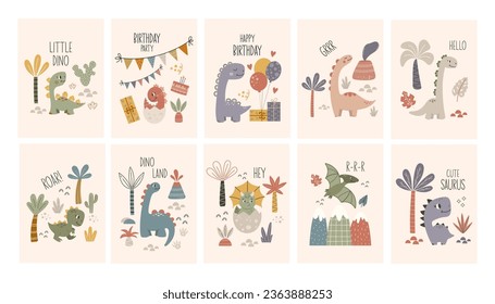 Set of dinosaur cards. Dinosaur vector illustration. Dino lettering quotes, funny phrase. Cute cartoon dinosaurs on a light background. Happy Birthday cards collection with quote.