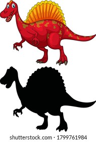 Set of dinosaur cartoon character and its silhouette on white background illustration