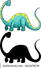 Set of dinosaur cartoon character and its silhouette on white background illustration