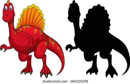 Set of dinosaur cartoon character and its silhouette on white background illustration